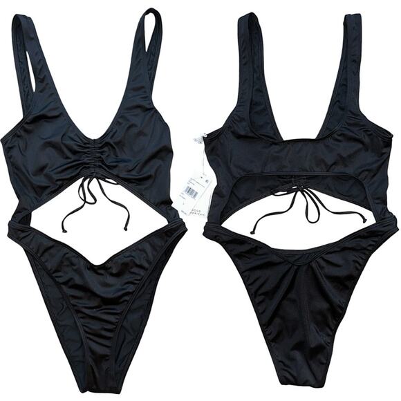 NWT Good American Black Ruched Cutout One Piece Swimsuit Size 3 Large Retail $85 - Picture 5 of 8